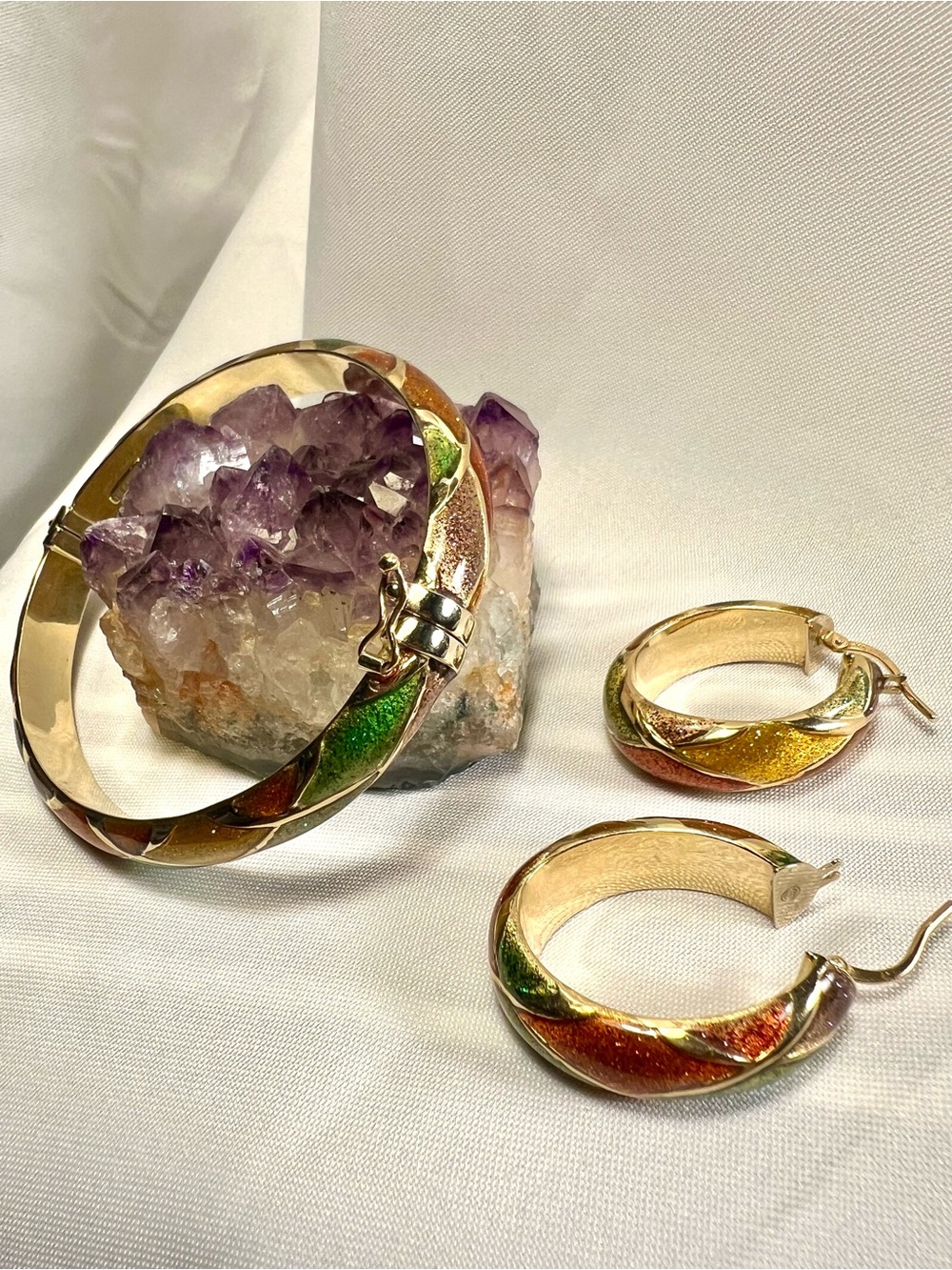 Vintage Italian Bel Oro 14k gold Harlequin Enamel set of Bracelet and Earrings.